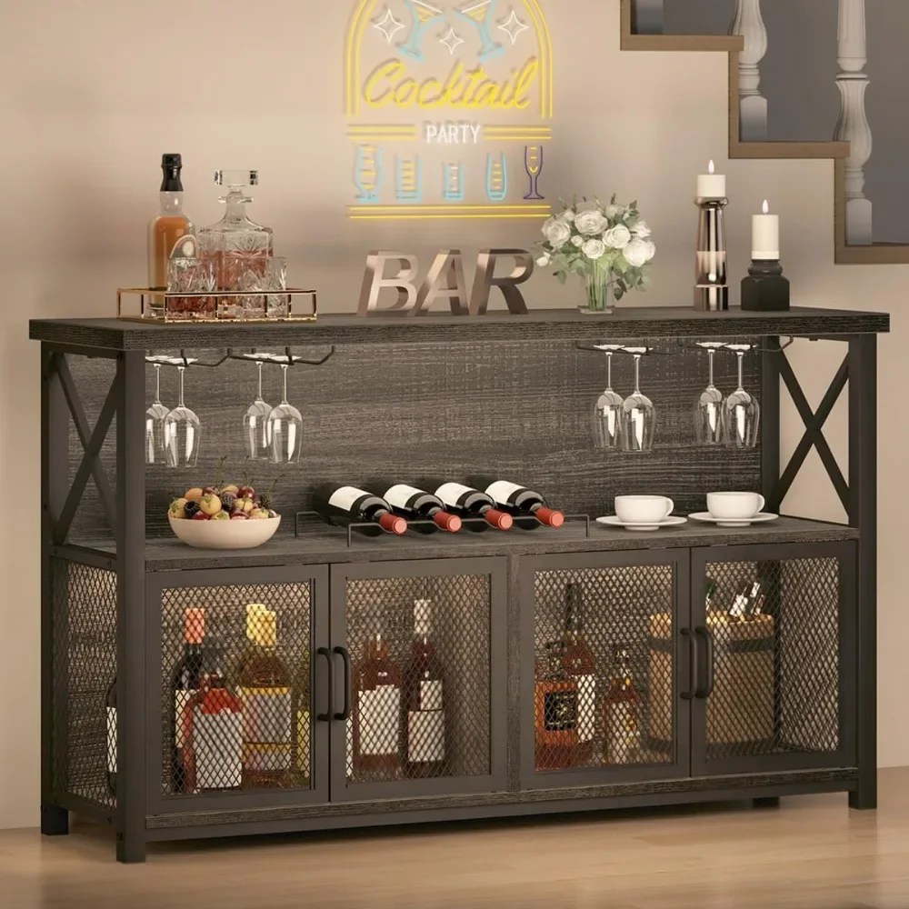 

Wine Bar Cabinet, Industrial Coffee Bar Cabinet for Liquor and Glasses, Modern Sideboard Buffet with Storage Rack