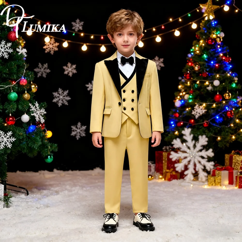 

Быстрая доставка, комплект из 4 предметов смокинга цвета шампанского для мальчиков, пиджак, жилет, брюки, стильный детский торжественный наряд для свадебной фотосессии