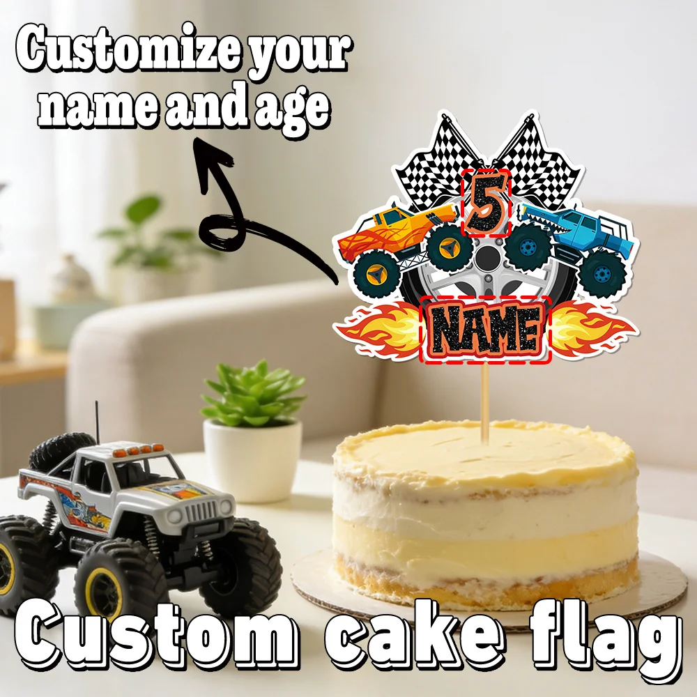 Personalized Monster Truck Birthday Cake Decoration - Customizable Name, Age, Numbers, and Checkered Flag Truck Pattern Cake Decoration, Birthday Party Cake Decoration, Perfect for Monster Truck Sports-Themed Party Cake Decoration, Customizable Cake Decoration