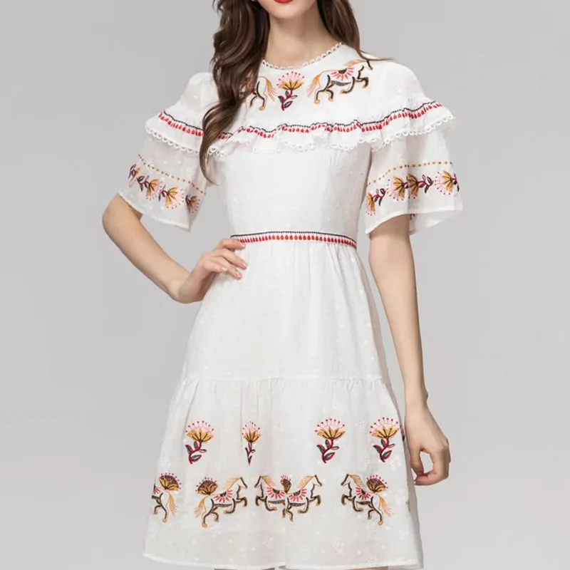 Vintage Embroidery Women Dress Fashion O-Neck Short Sleeve Mini Party Dresses 12056