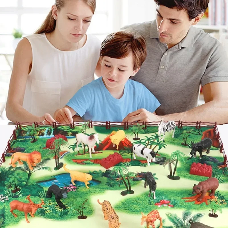 

80*70CM Children Play Mat Virgin Forest Map Carpet with Simulated Dinosaur Animals Toys Toddler Climbing Waterproof Playing Mat