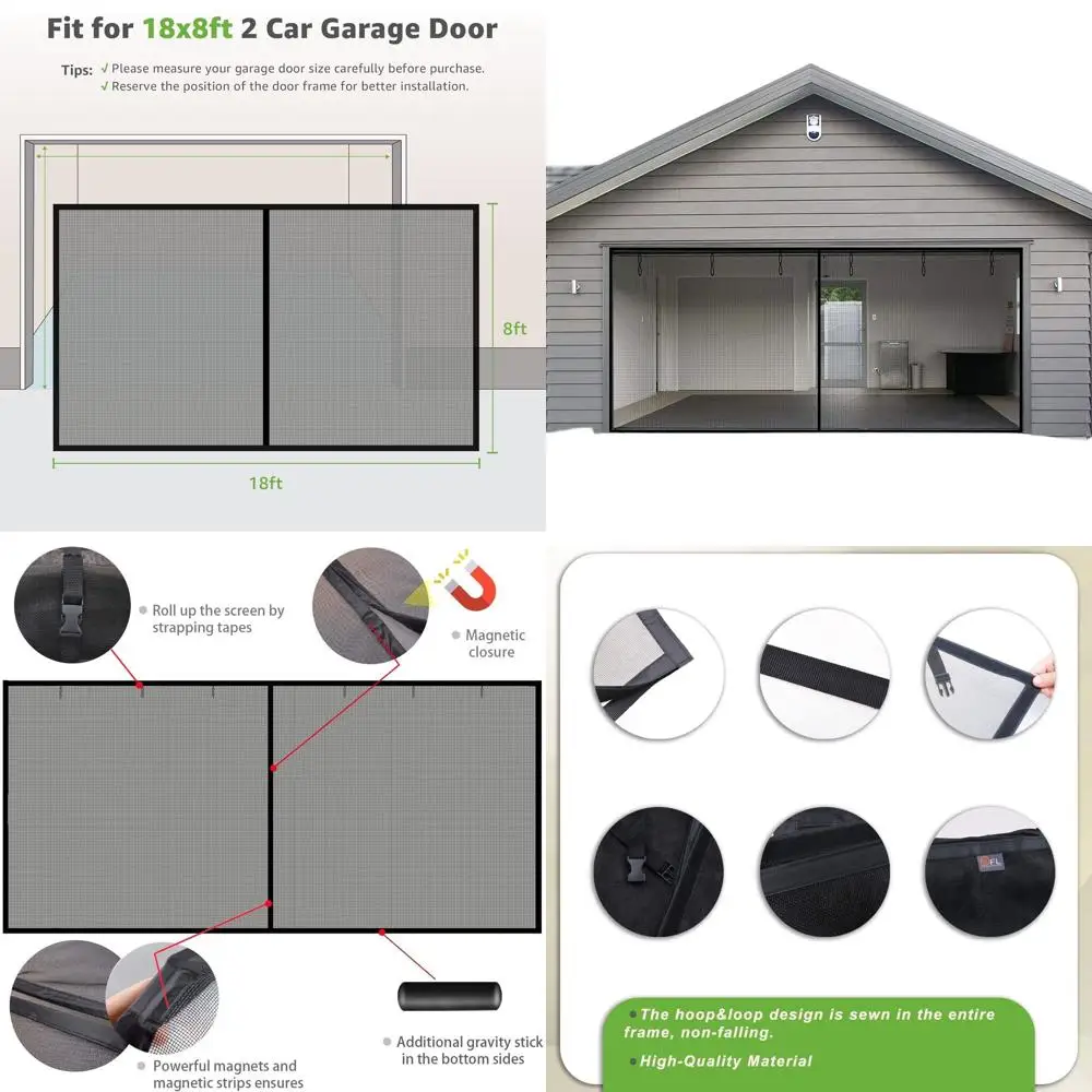 

Выдвижная сетка из стекловолокна для гаража с 2 автомобилями, 18x8 футов, магнитная застежка, сверхмощная, самозапечатывающаяся, простая сборка, черная