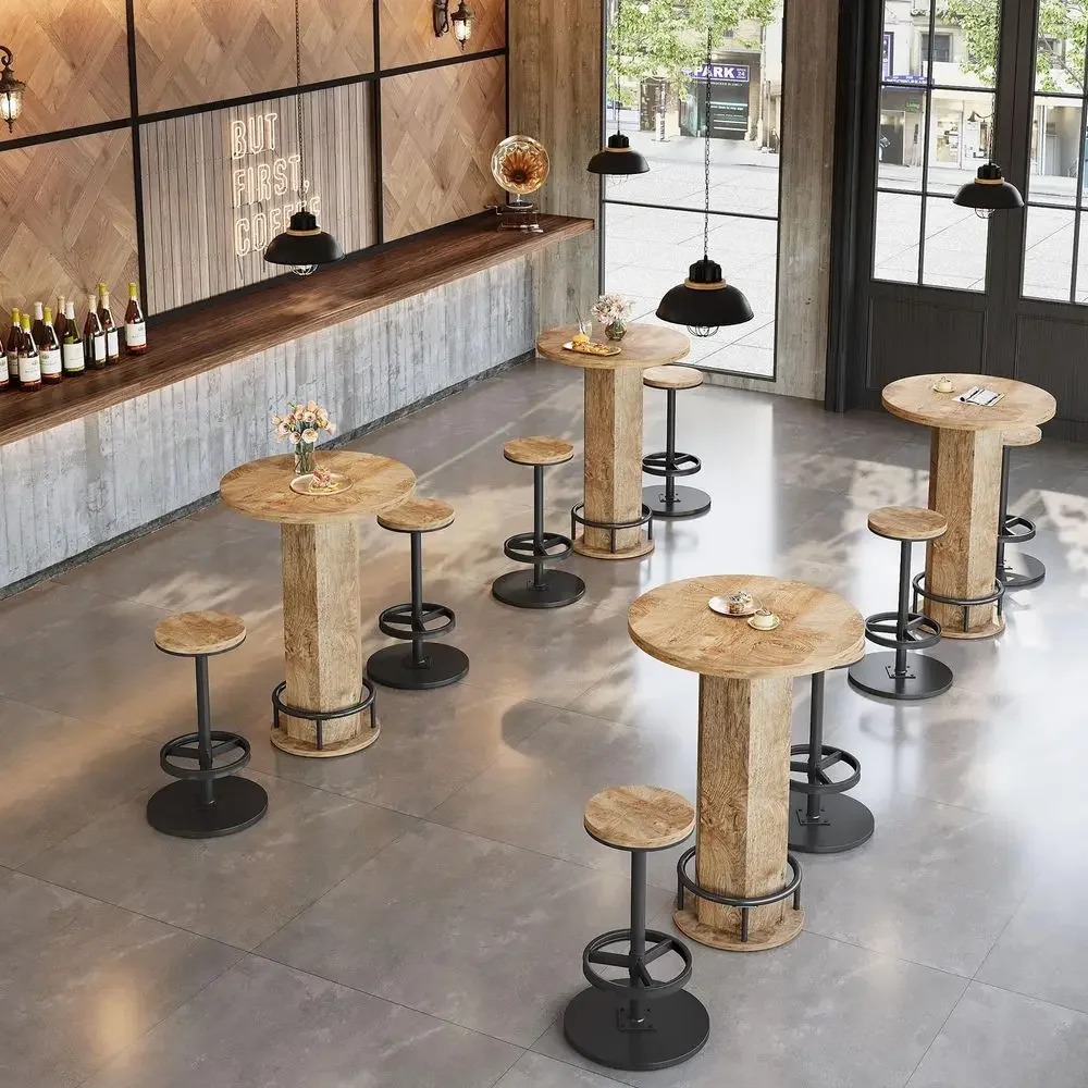 

Round Commercial Dining Table Set of 4, 23.6 Heavy Duty Bar Table with Chairs, Wooden Kitchen Table for Restaurant, Cafe, Baker