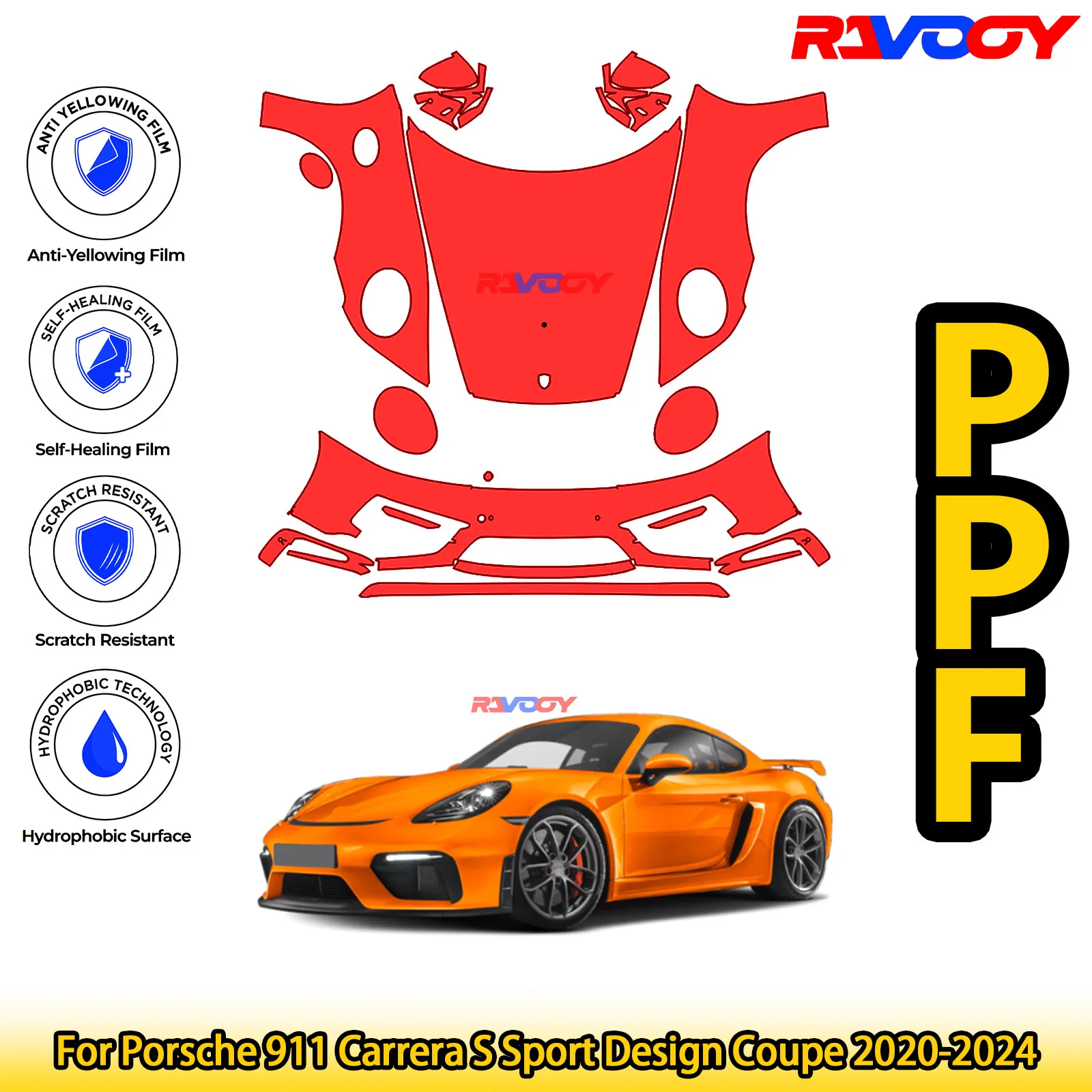 

For Porsche 911 Carrera S Sport Design Coupe 2020-2024 Glossy Matte Black Precut front PPF Kit Paint Protection Film