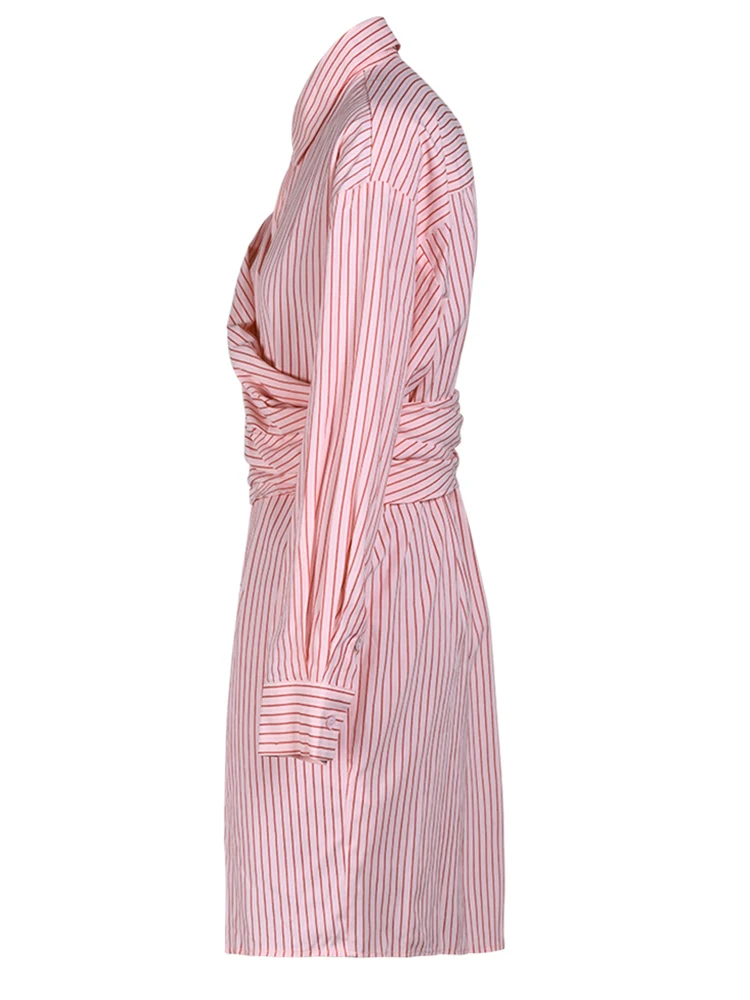 [EAM] Women Blue Striped Irregular Big Size Shirt Dress New Lapel Long Sleeve Loose Fit Fashion Tide Spring Autumn 2024 CP1888