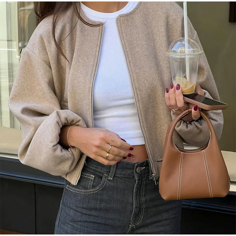 Women Elegant Zipper O-neck Long Lantern Sleeve Bomber Jacket Casual Solid Pockets Short Loose Coat 2024 New Lady Chic Outerwear