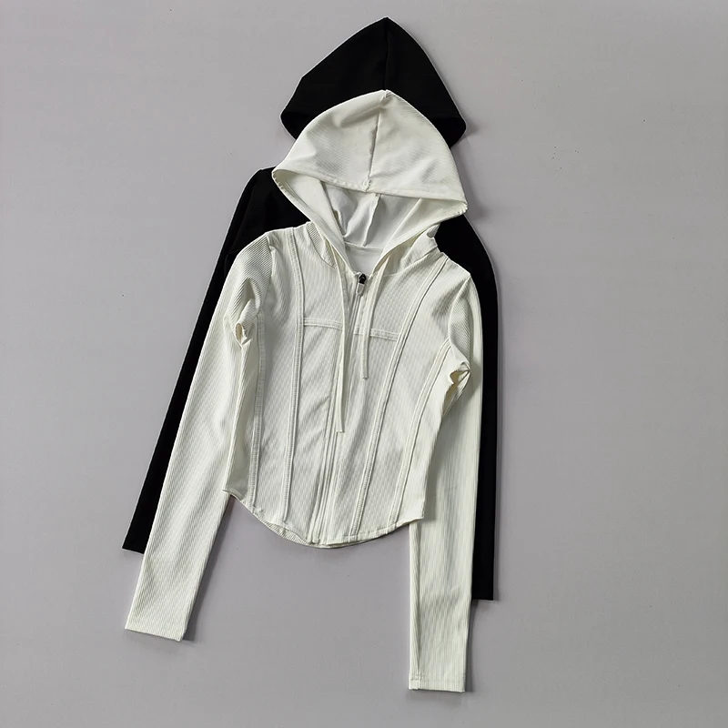 Fitnessjacke für Damen, Kapuzen-Cardigan, Herbst und Winter, eng anliegend, schnelltrocknend, Sport-Lauf-Trainings-Slim-Yoga-Kleid, Langarm – Detail 9