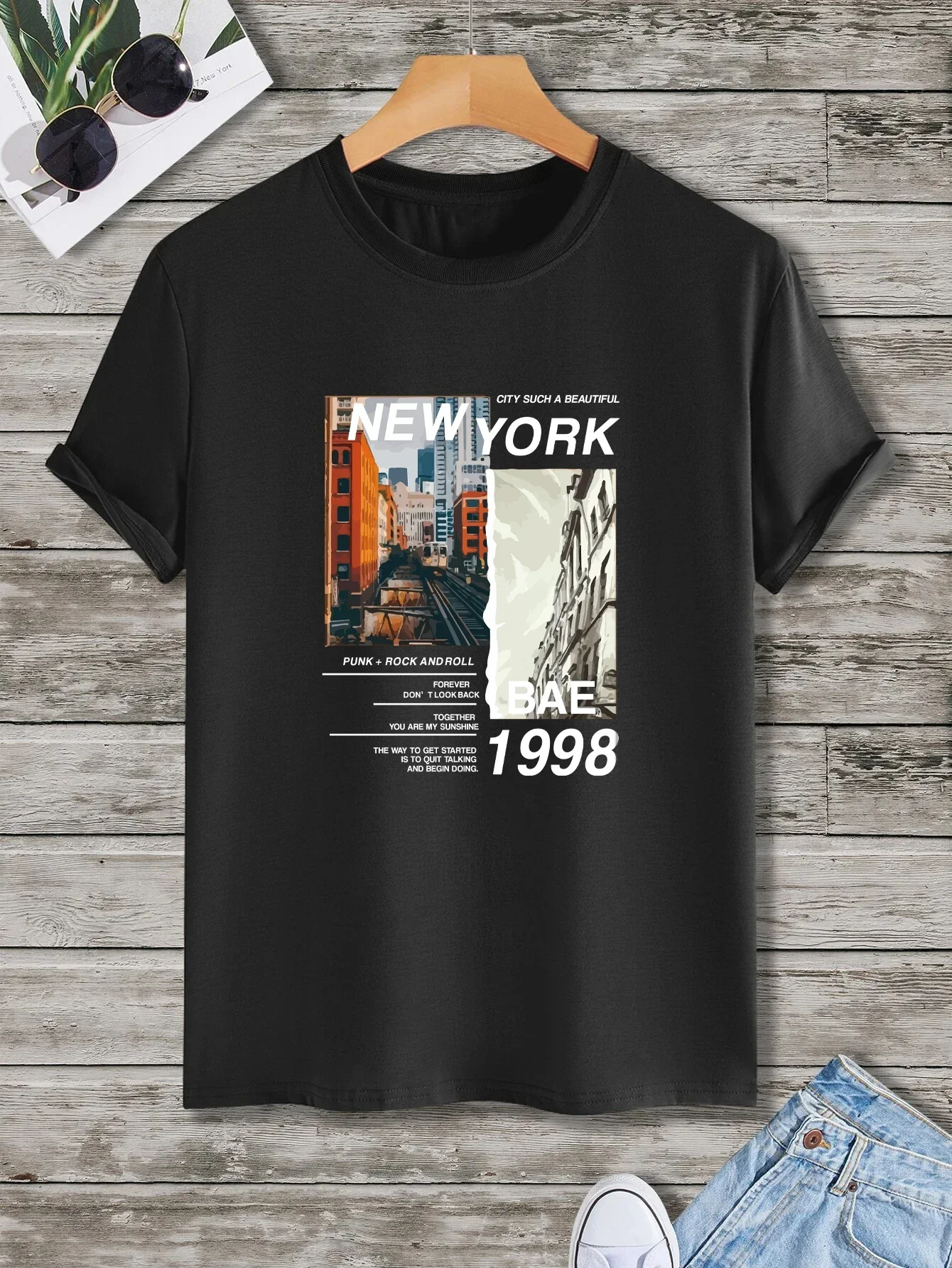 New York Bae 1998 Print T-Shirt for Men's Casual Crew Neck Short-Sleeve Fashion Summer Man T-Shirts Tops Regular AndOversize Tee