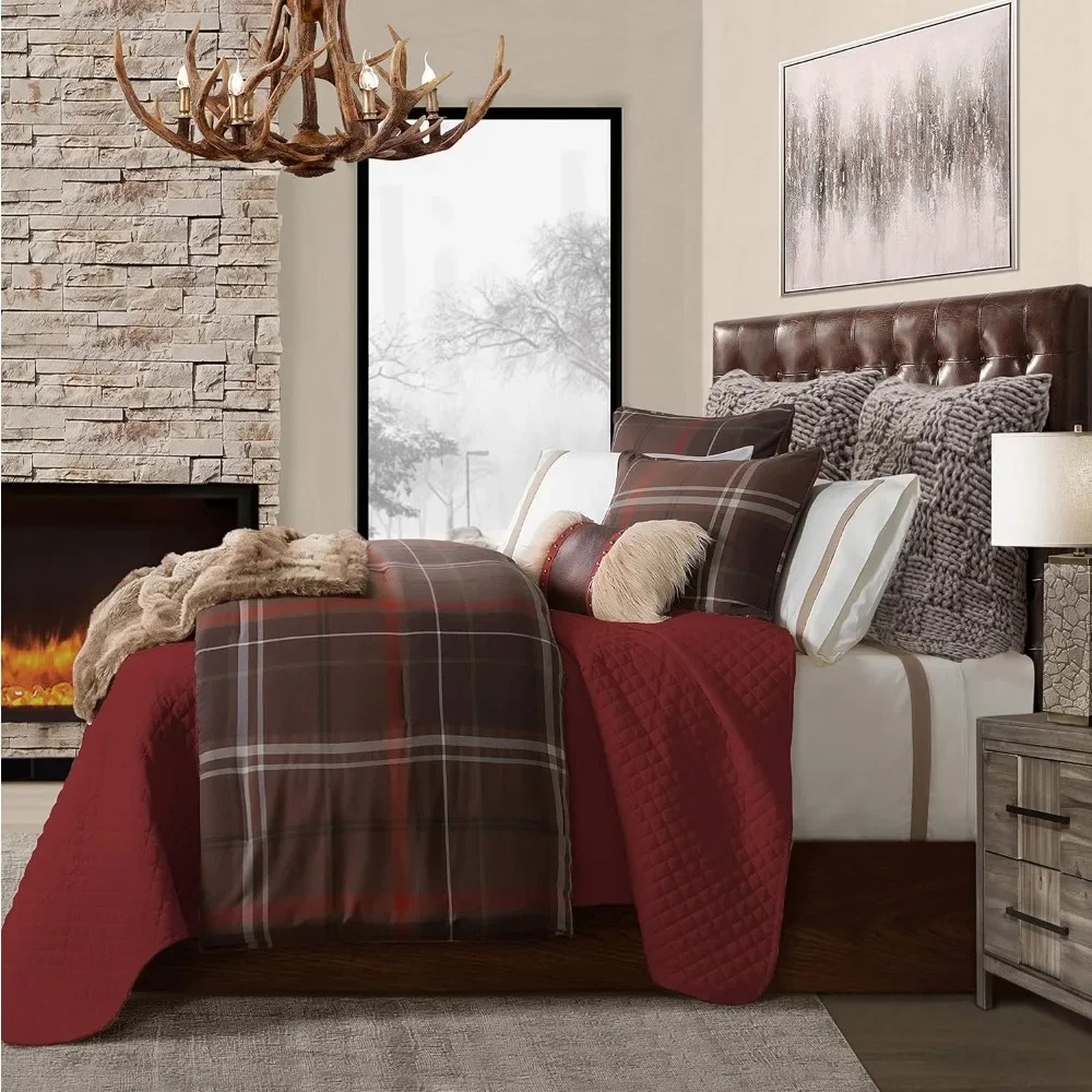 Rustic Bedding 3 Piece Super Queen Size Comforter Set, Brown Plaid Pattern Cotton Western Bedding Lodge Cabin Comforter