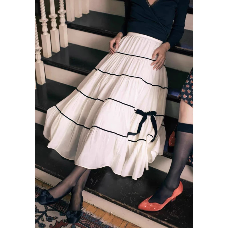 

Юбка миди с высокой талией Ele с бантом и плиссировкой, из нежной шелковой ткани, фасон «зонтик», для женщин, весна 2026