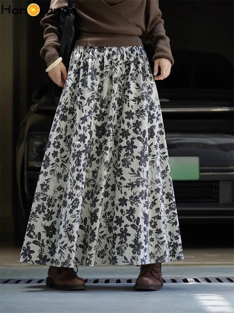 

HanOrange 2025 Early Autumn Fashion Elastic Waist Floral 100% Cotton Skirt A-line Large Swing Long Skirt Black