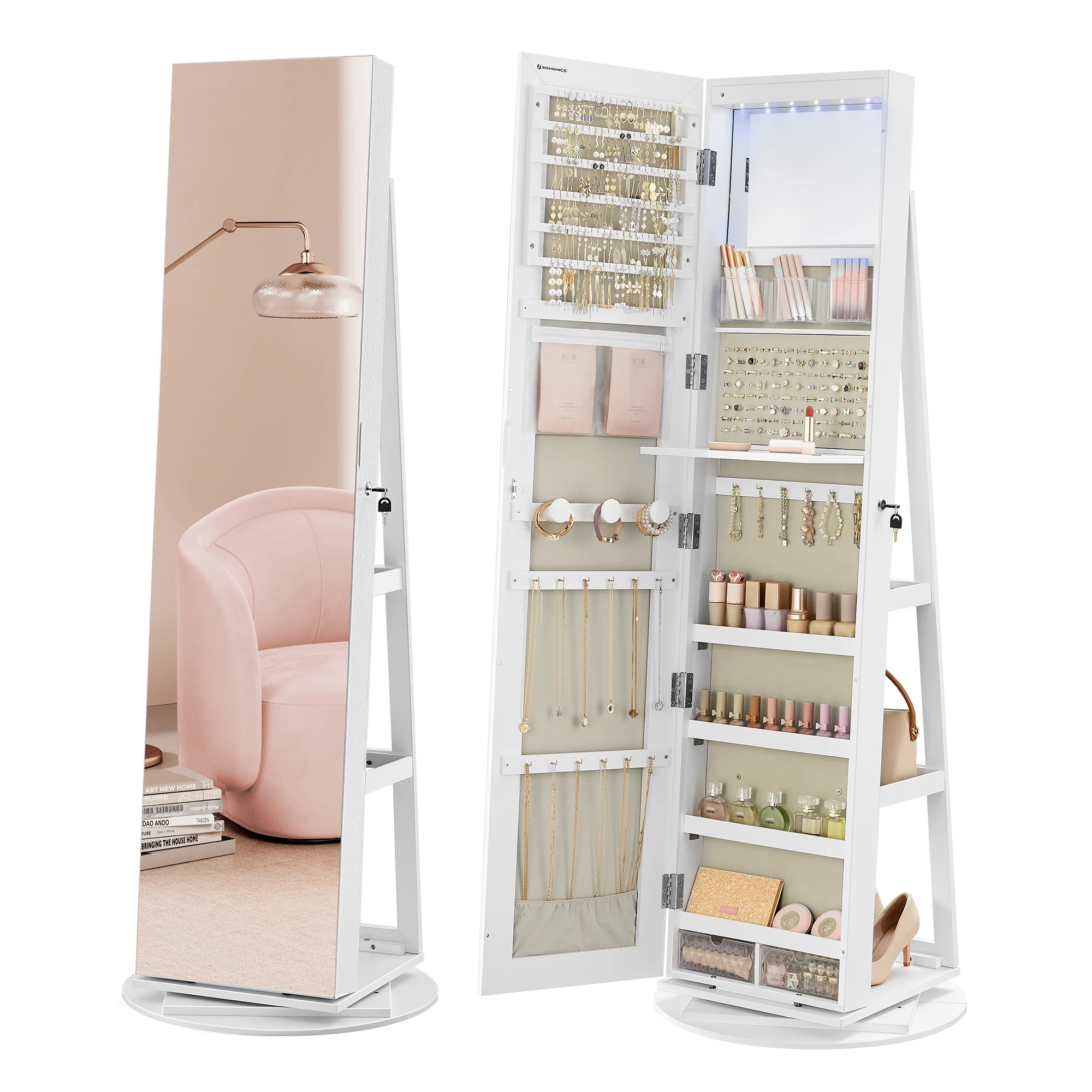 SONGMICS خزانة مجوهرات مع LED ومرآة، 3 أرفف، 360 °   قابل للتدوير