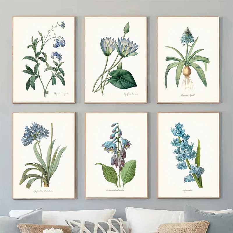 Póster de hojas verdes y flores azules botánicas Vintage, pintura en lienzo, arte de pared Pastoral, imágenes, decoración del hogar para dormitorio