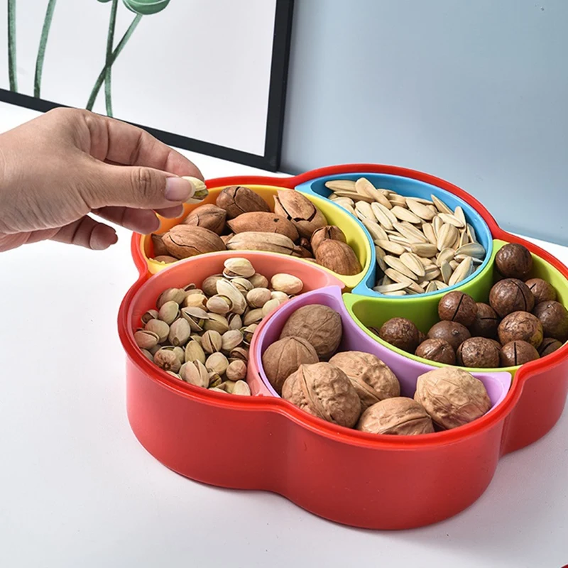 Bandeja redonda para aperitivos y frutas con forma de flor, contenedor dividido para aperitivos y frutas secas, caja de dulces con compartimentos de plástico
