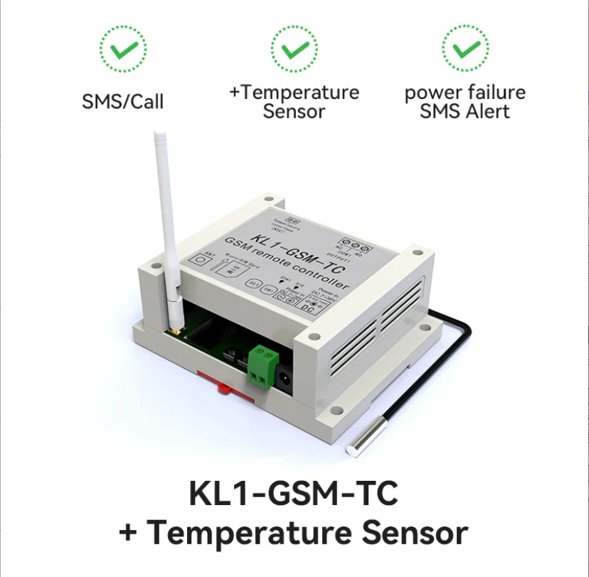 GSM ON/OFF RELAY switch access controller KL1-GSM with temperature sensor  Power outage alarm send SMS reminder