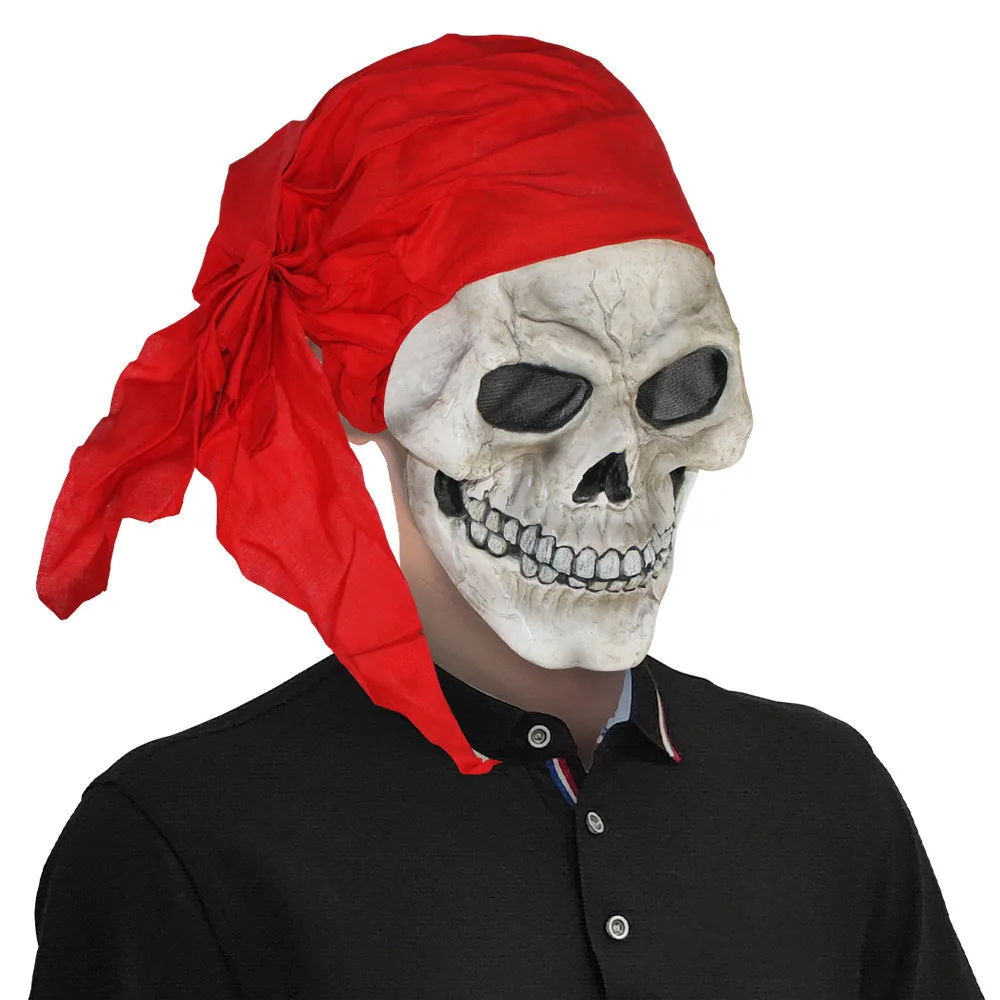 Halloween Skelett-Kopfmaske mit Rotem Kopftuch, Realistische Geister-Piraten-Maske, Geister-Piraten-Cosplay-Kostüm – Detail 2