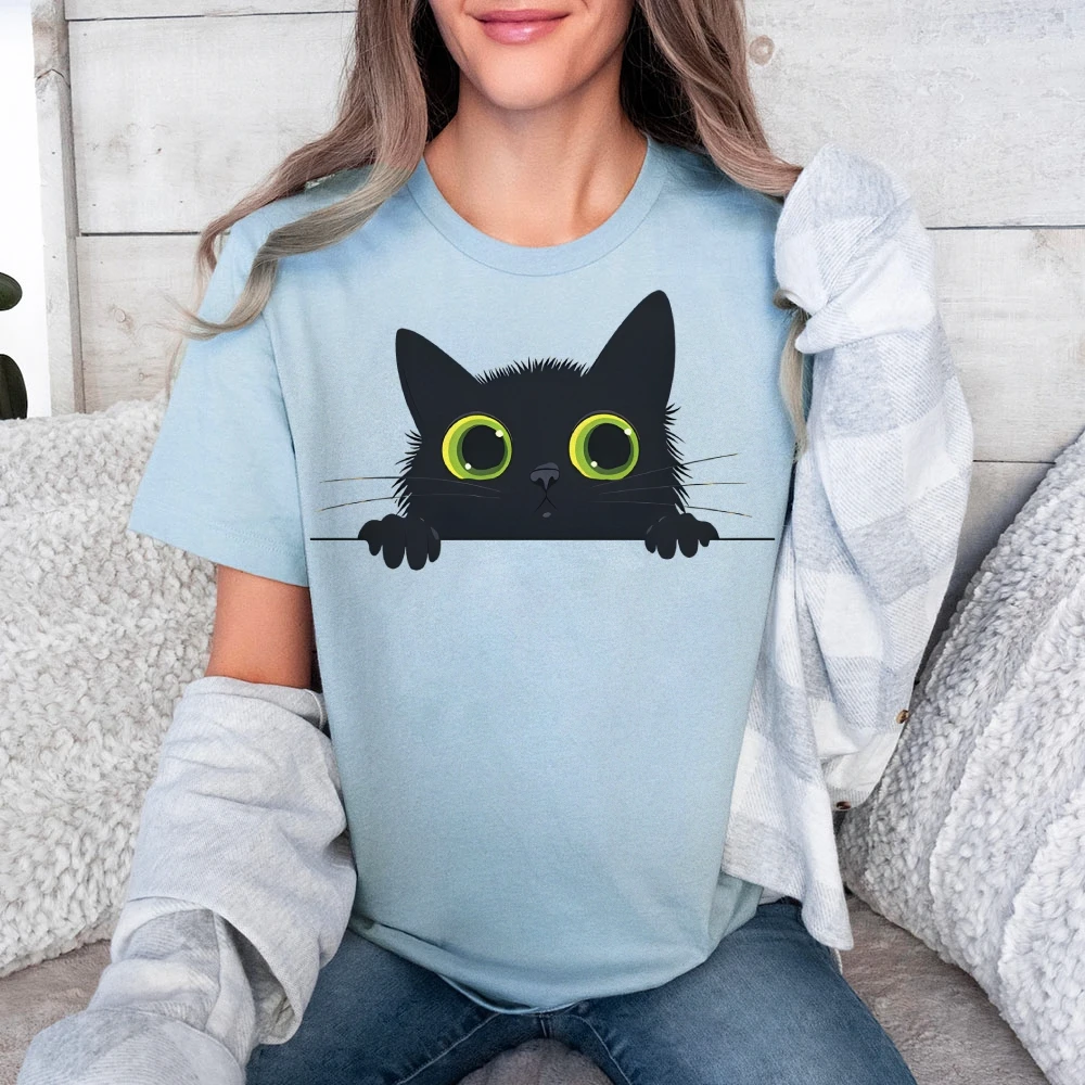 

Y2K Cotton Casual Women's T - Shirt, Short Sleeve Round Neck Fitted Cute Cartoon Black Cat with Big Green Eyes Peeking Print