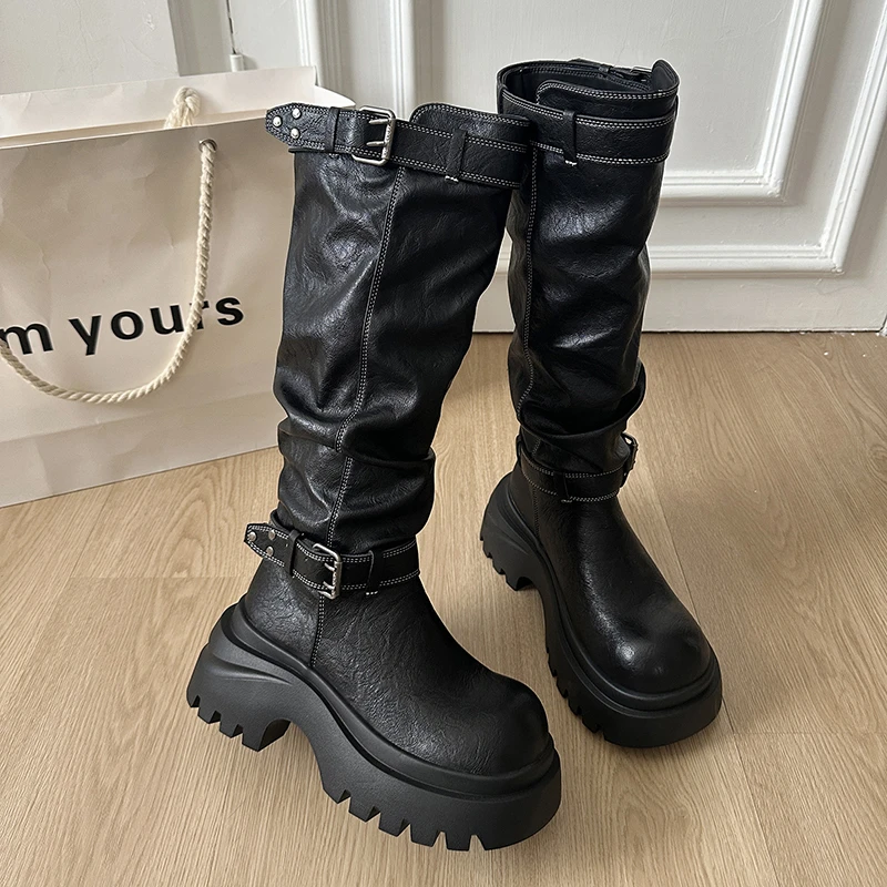 

2025 New Women High Boots Knee High Platform Chunky Shoes Fashion Chelsea Leather Shoes Designer Winter Boots Woman Zapatillas