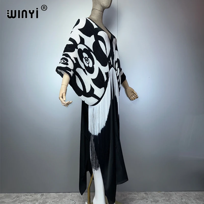 WINYI Gradual tassel dress Women crumple Design Loose boho robe Maxi Long Femme Vestidos holiday Party Elegant Pleated dress
