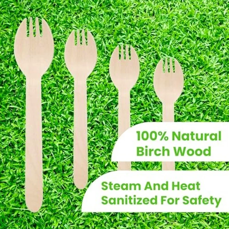 50/100Pcs Disposable Wooden Spoons Sporks for Yogurt Ice Cream Dessert Sampling Party Tableware  Natural Wooden Forks Sporks
