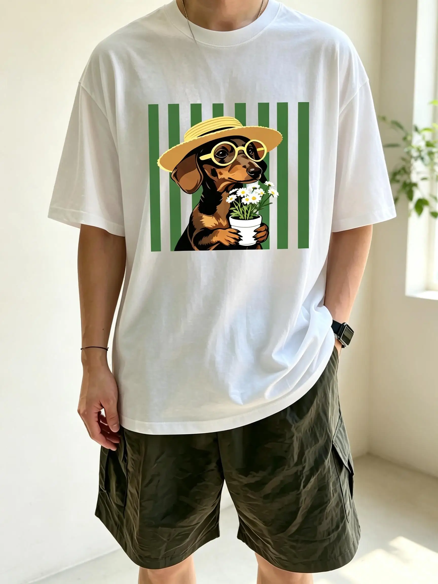 Dachshund Dog Daisy Flower Printed T Shirt Men Summer All-Match T-Shirt Casual O-Neck Streetwear Y2K Cotton Oversized Clothes