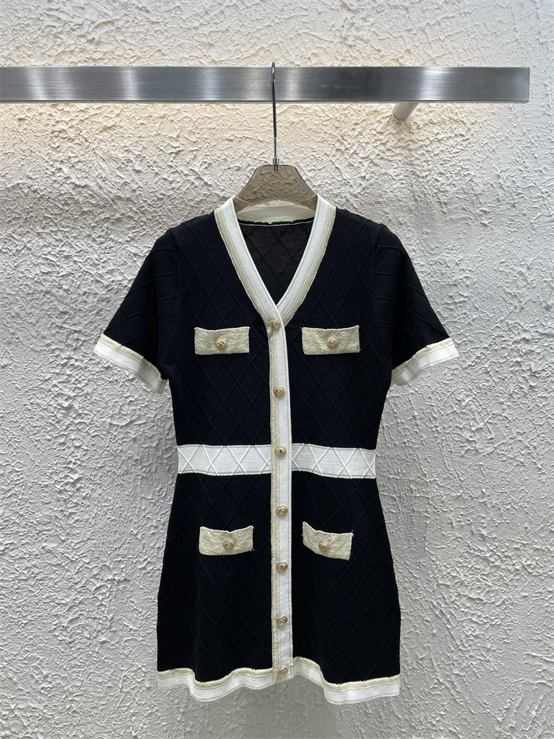 Vintage dekolt w serek wąska dzianina obcisła Mini sukienka damska letnia sukienka z krótkim rękawem jednorzędowe sukienki stylowa elegancka szykowna damska kamizelka