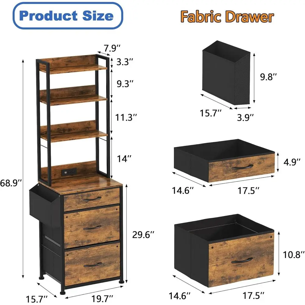 Rustic Brown 69 Tall 3-Drawer File Cabinet with Charging, Adjustable 4-Tier Filing, Fabric Drawers, Printer Stand for Home Offic
