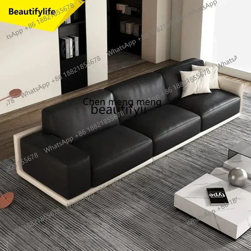 ss 8617  Italian Minimalist Leather Sofa Black down Feather Four-Seat First Layer Cowhide Square Straight Row Sofa