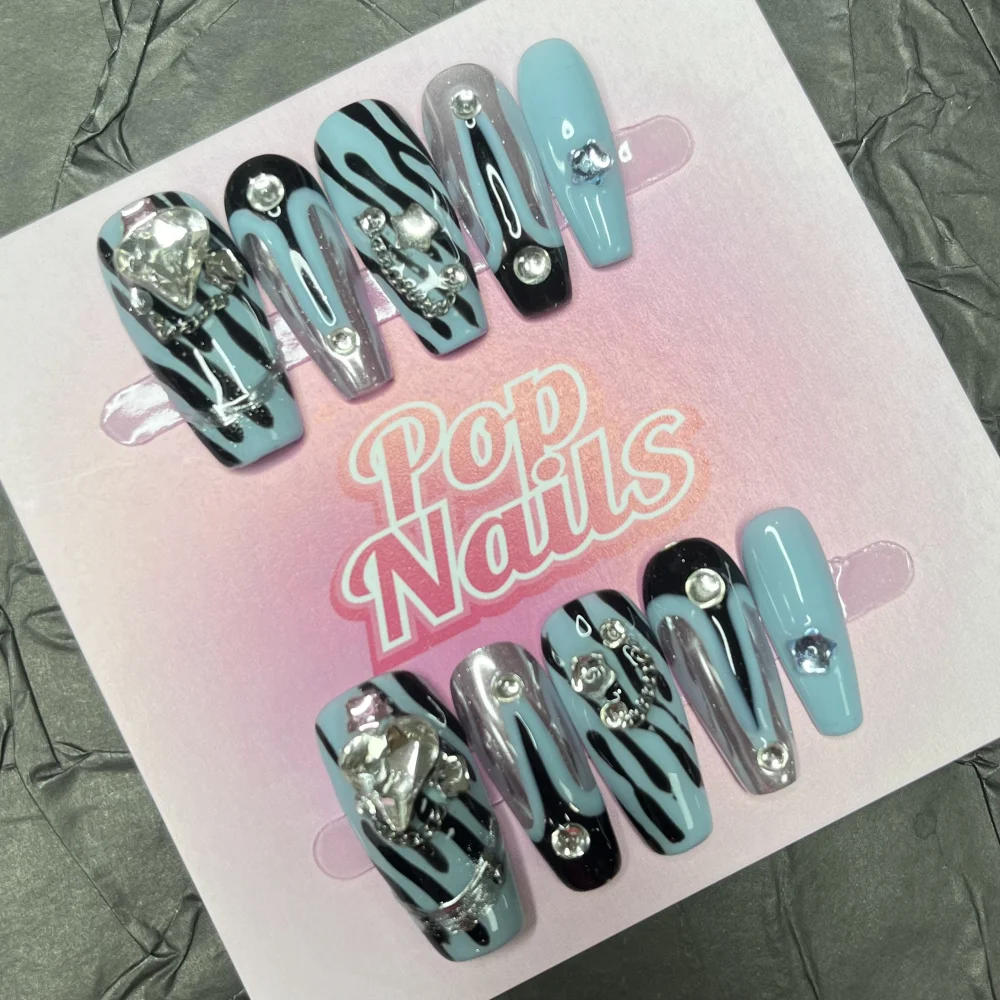 

10pcs Handmade Press On Nails Green Blue Zebra Tiger Print Style Long Medium Coffin Fake Nails 3D Y2k False Nail Acrylic Nail