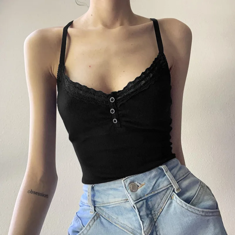 Sexy Folds Buttons Sleeveless Crop Top Black Vintage Y2K Corset Tops  Casual Basic T-shirt