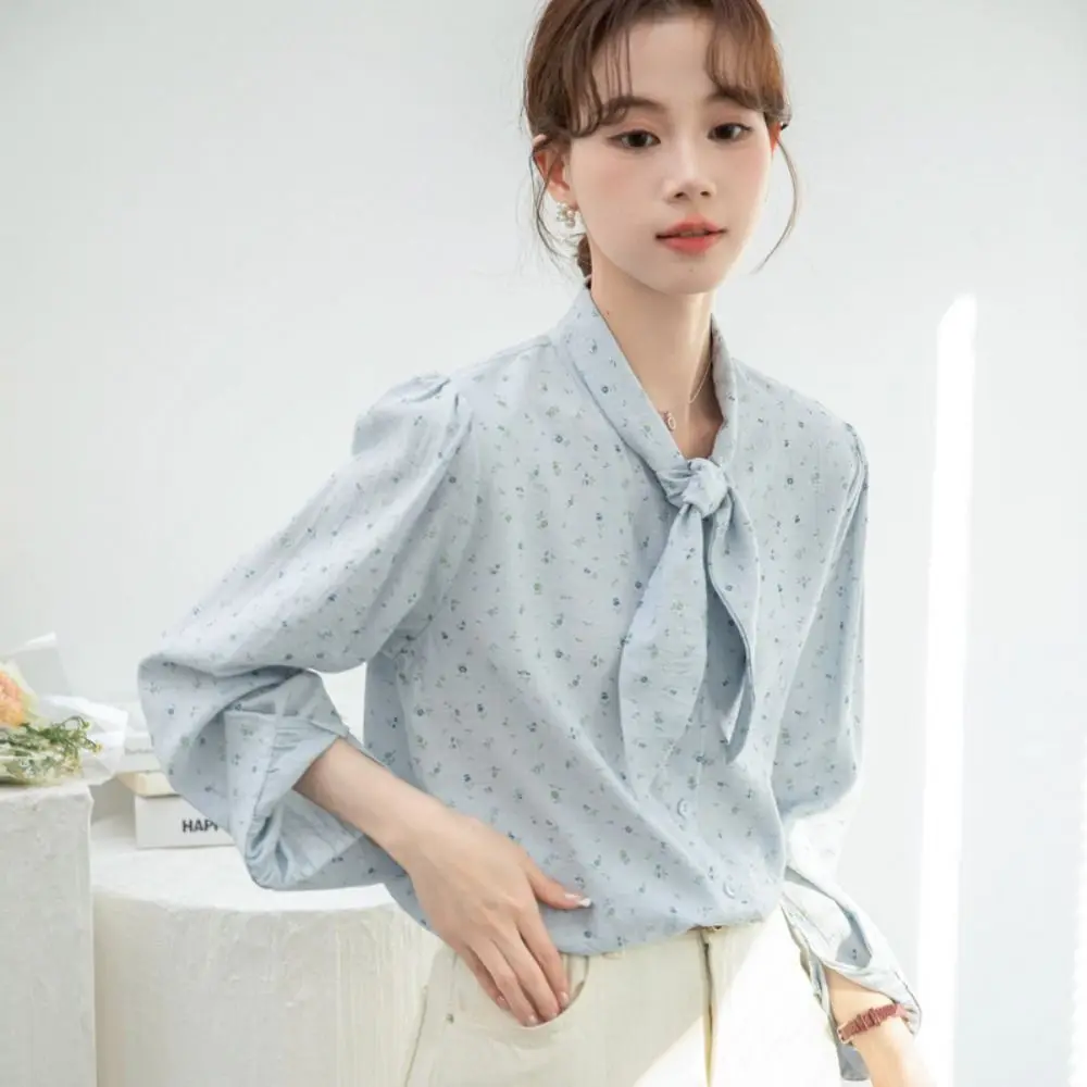Blusas suaves y dulces para mujer, pajarita, camisas holgadas florales de color azul claro, camisas holgadas y elegantes de manga larga para mujer