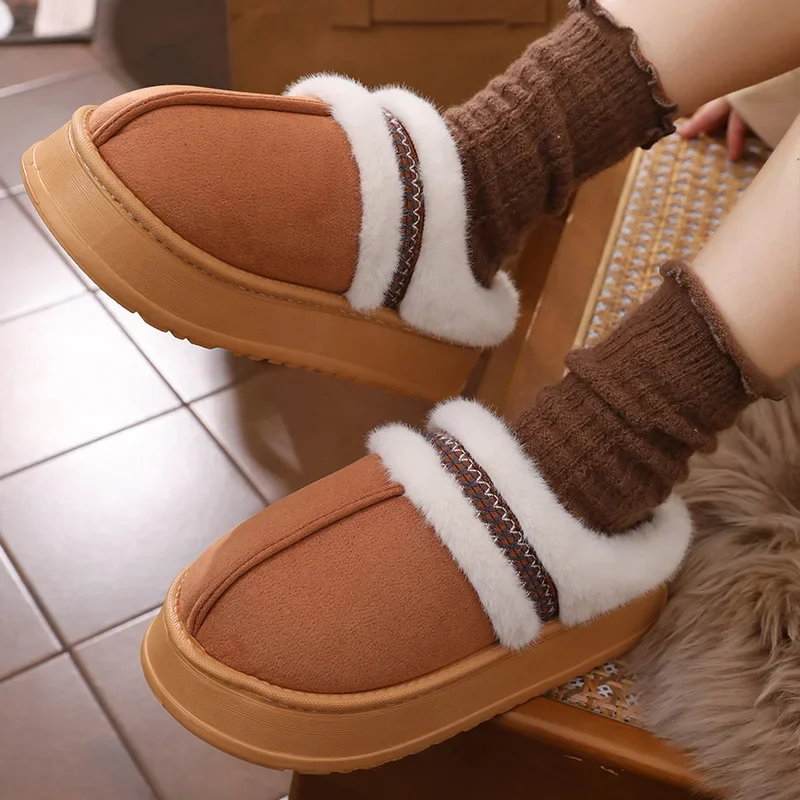 Women Embroidery Fashion Winter Slippers Ladies Faux Suede Fluffy Plush Cotton Shoes Female Outdoor Non-slip Thick Sole Footwear