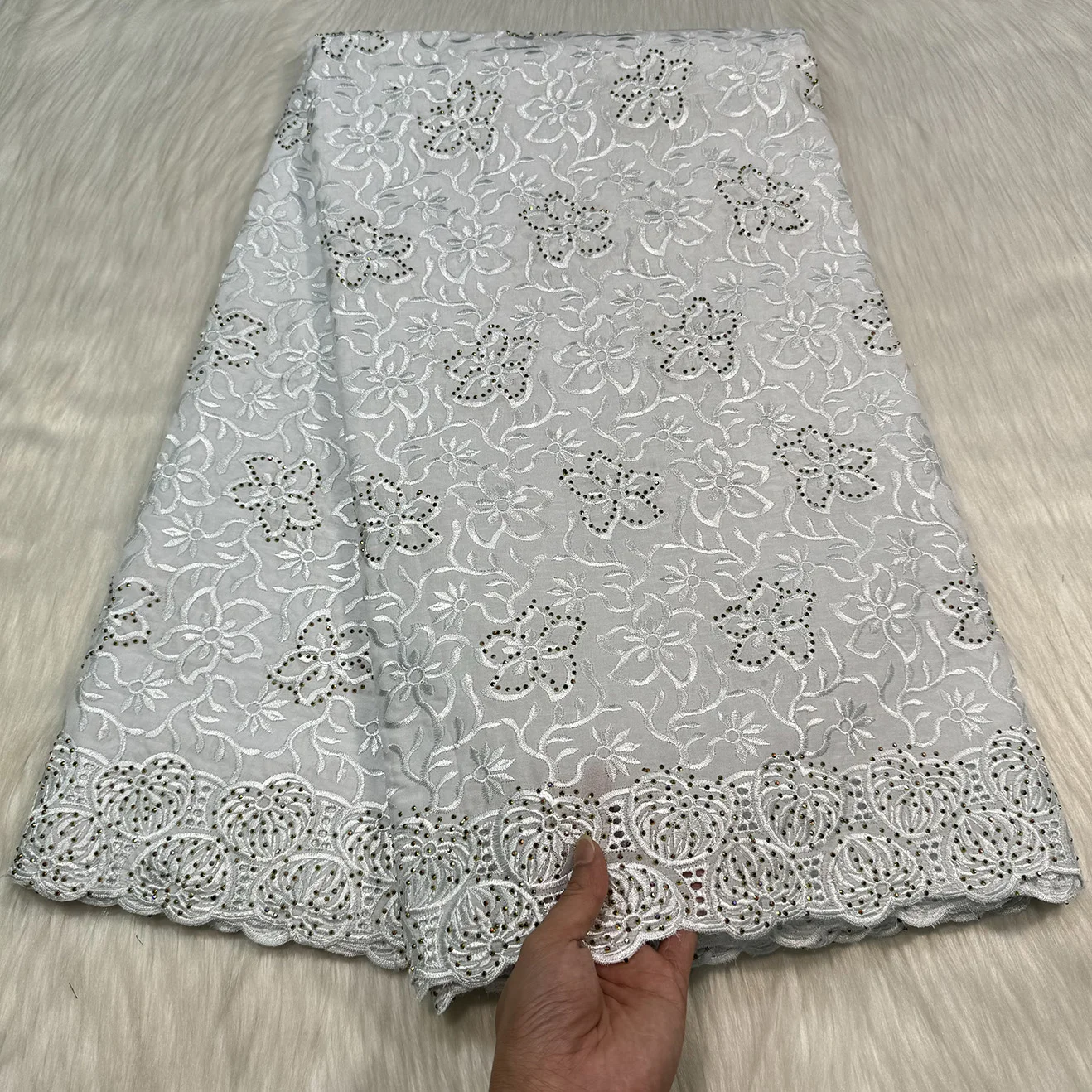 African new style flower leaf embroidered pure cotton fabric,Swiss cotton hollow lace with shiny stones for Party dresses5 Yards