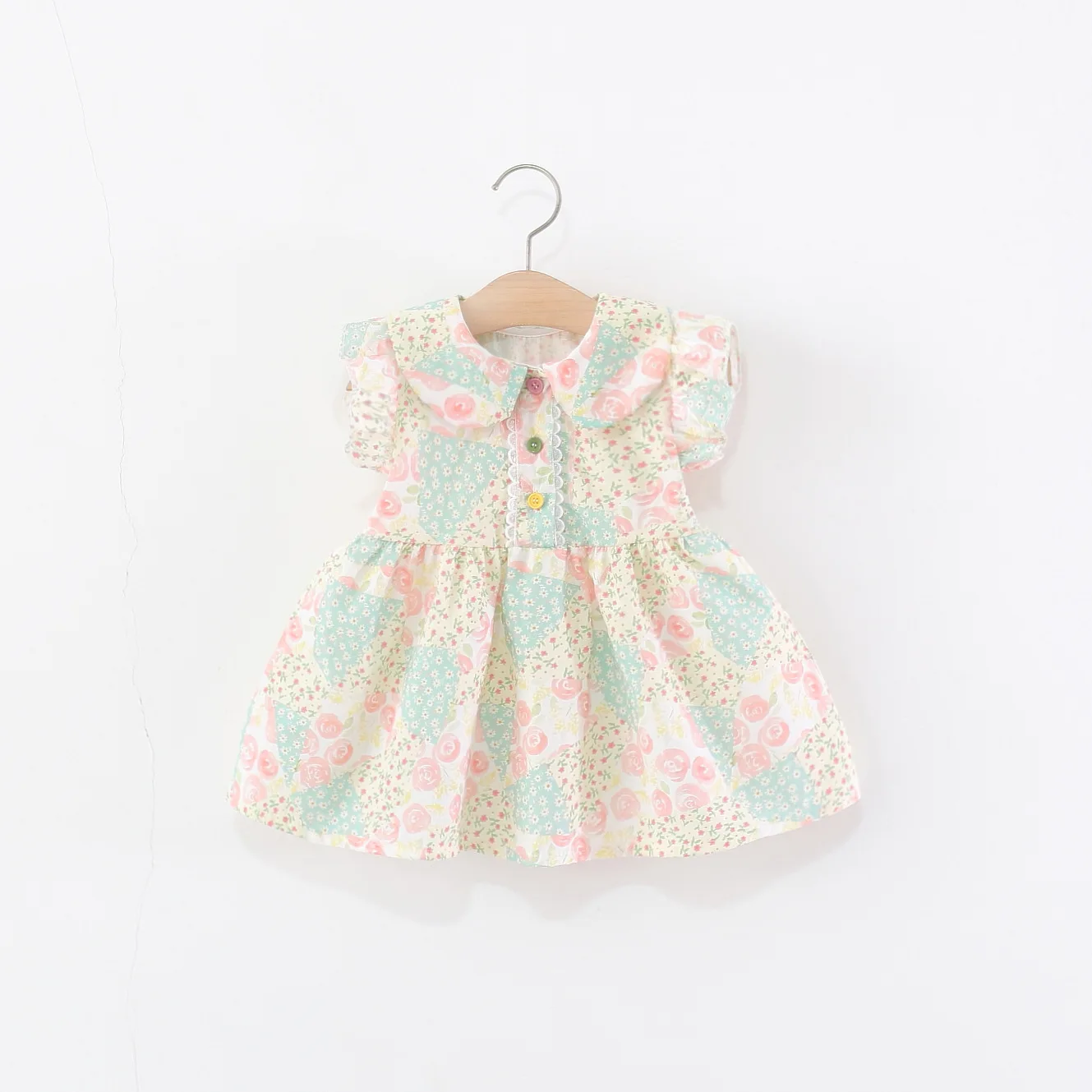 Baby Girl Dress Summer Cotton Full Print Collar With Bubble Sleeves Baby Dresses Cartoon Cute Beach Baby Girl Clothing