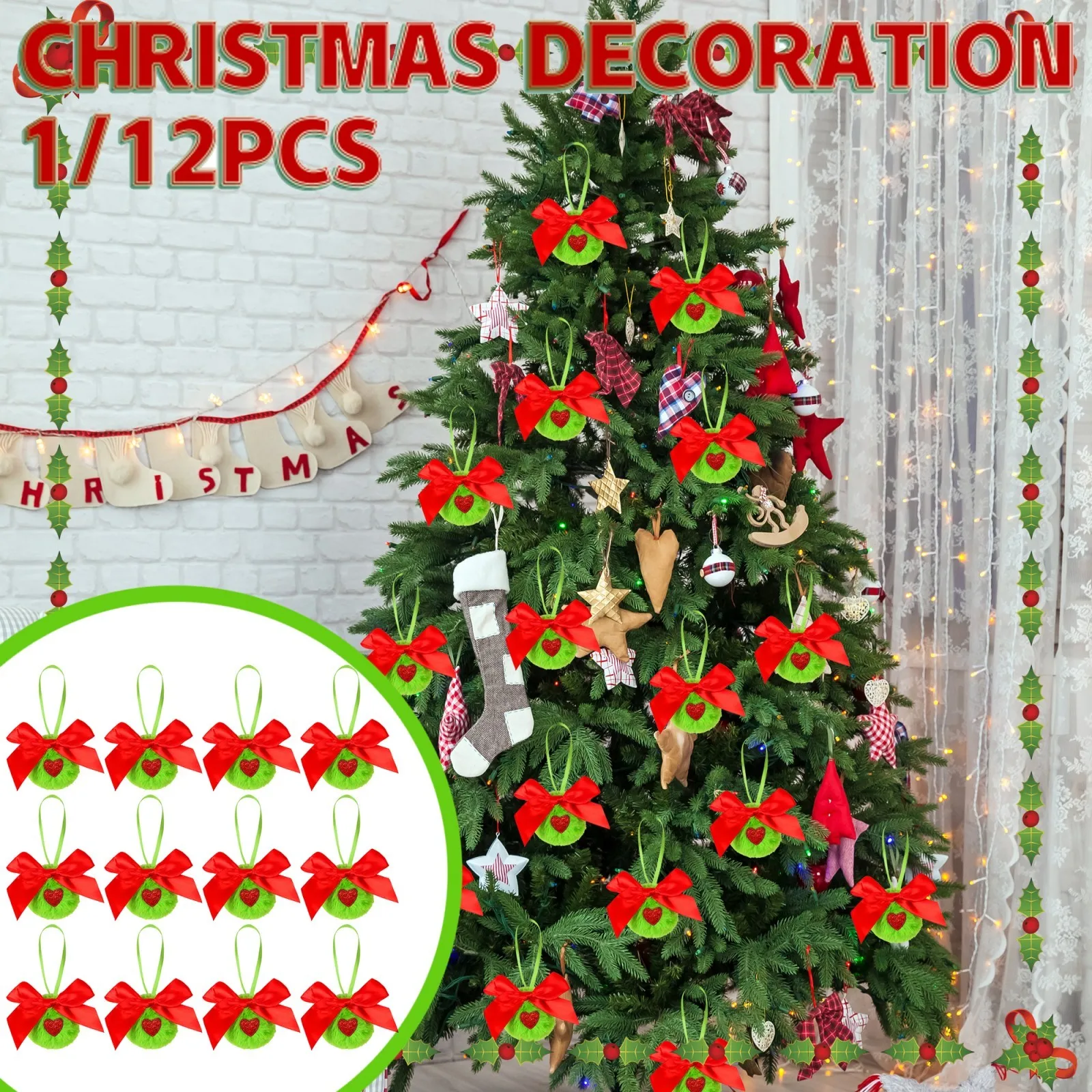 1/12/16Pcs Christmas Multiple Types Ball Decor Pendants Christmas Trees Bow Hearts Plush Balls Hanging Ornaments Home Xmas Decor