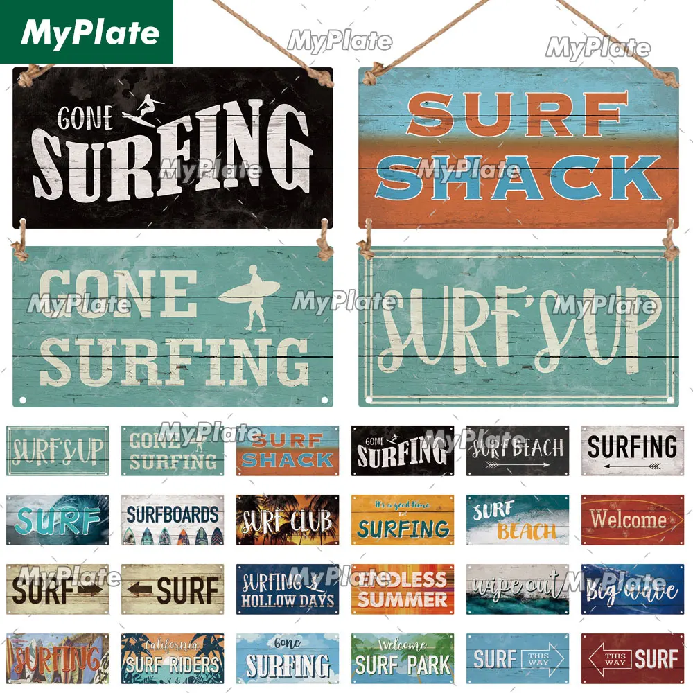 [MyPlate] Beach Surfing Wooden Wall Plaque Sign Wood Plate Home Door Wall Deocr Decoration Man Cave Hanging Sign House Gift