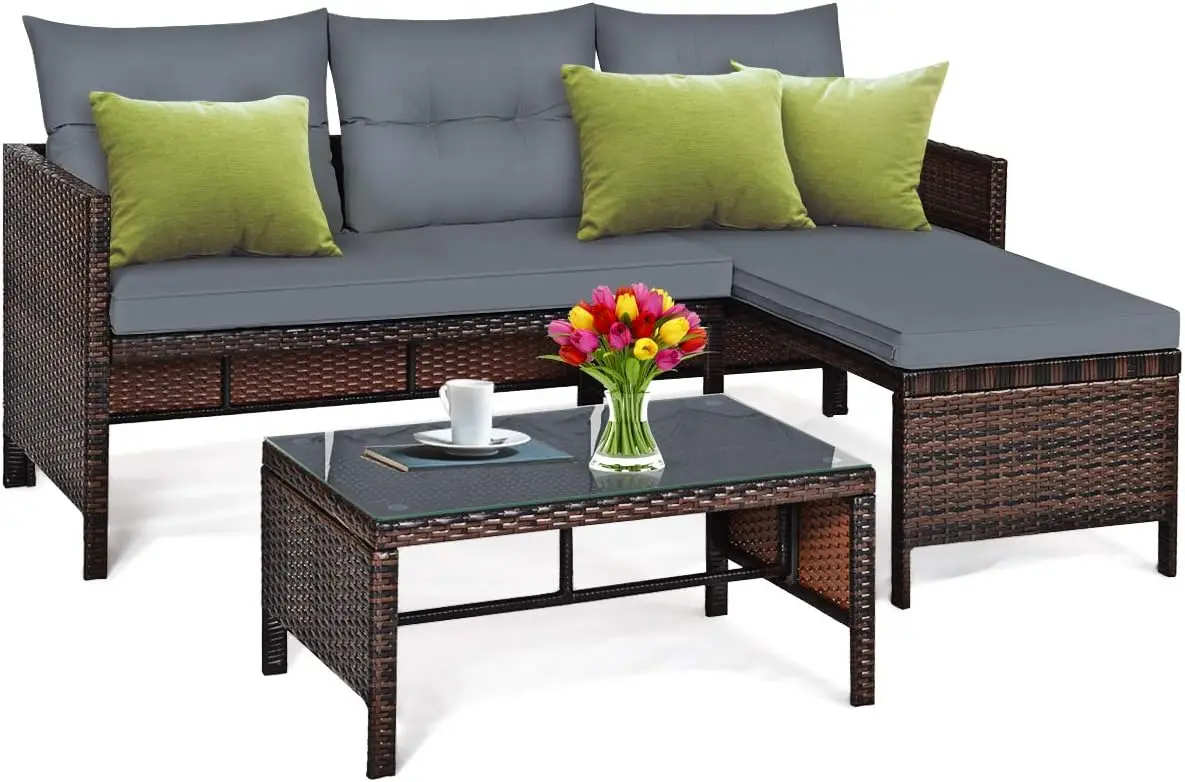 

Wicker Patio Furniture Set Couch 3 Piece, L-Shaped PE Rattan Outdoor Sectional Sofa Conversation Set