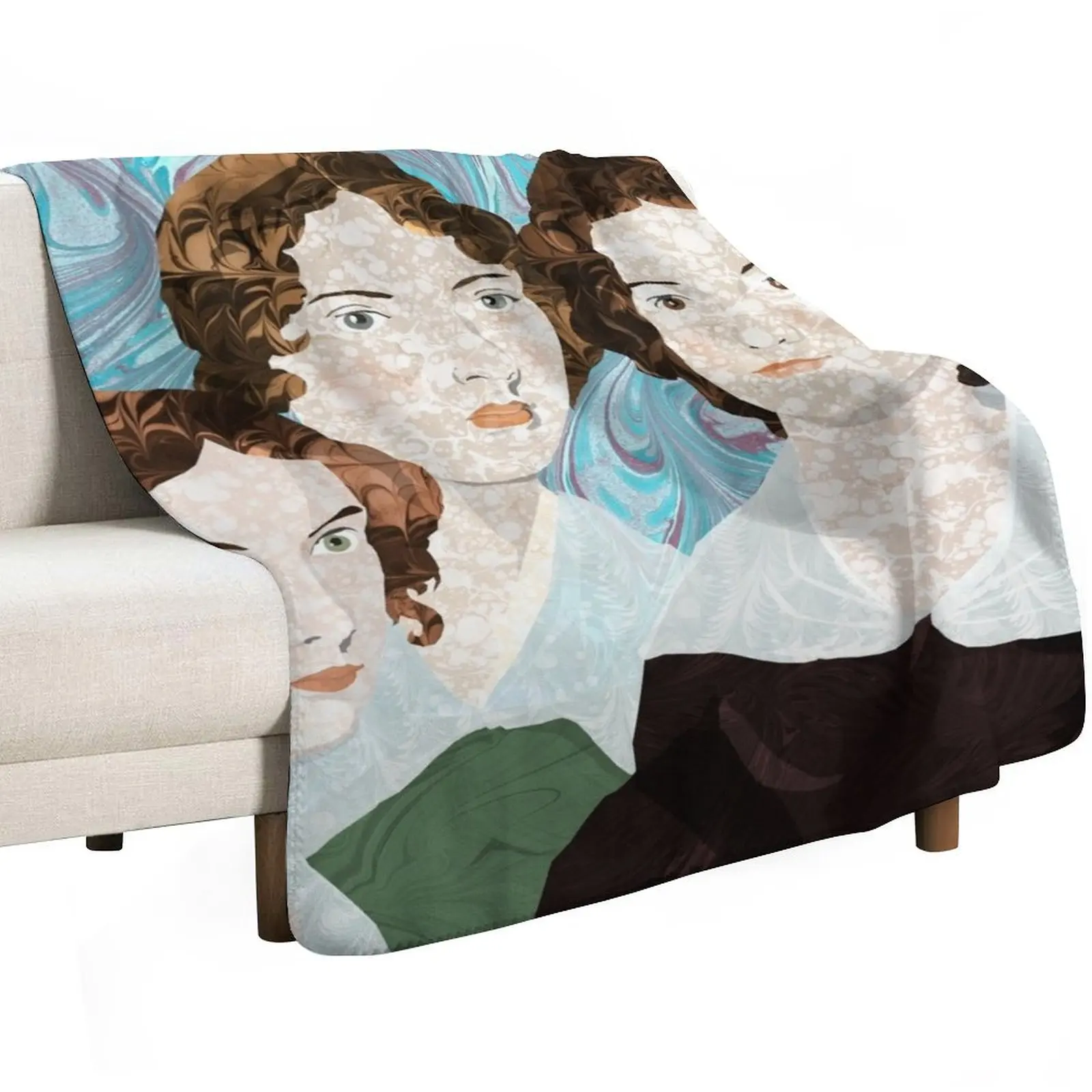 Bronte Sisters in Marbled Bookbinding Paper Throw Blanket Faux Fur Soft Warm Blanket for Bed