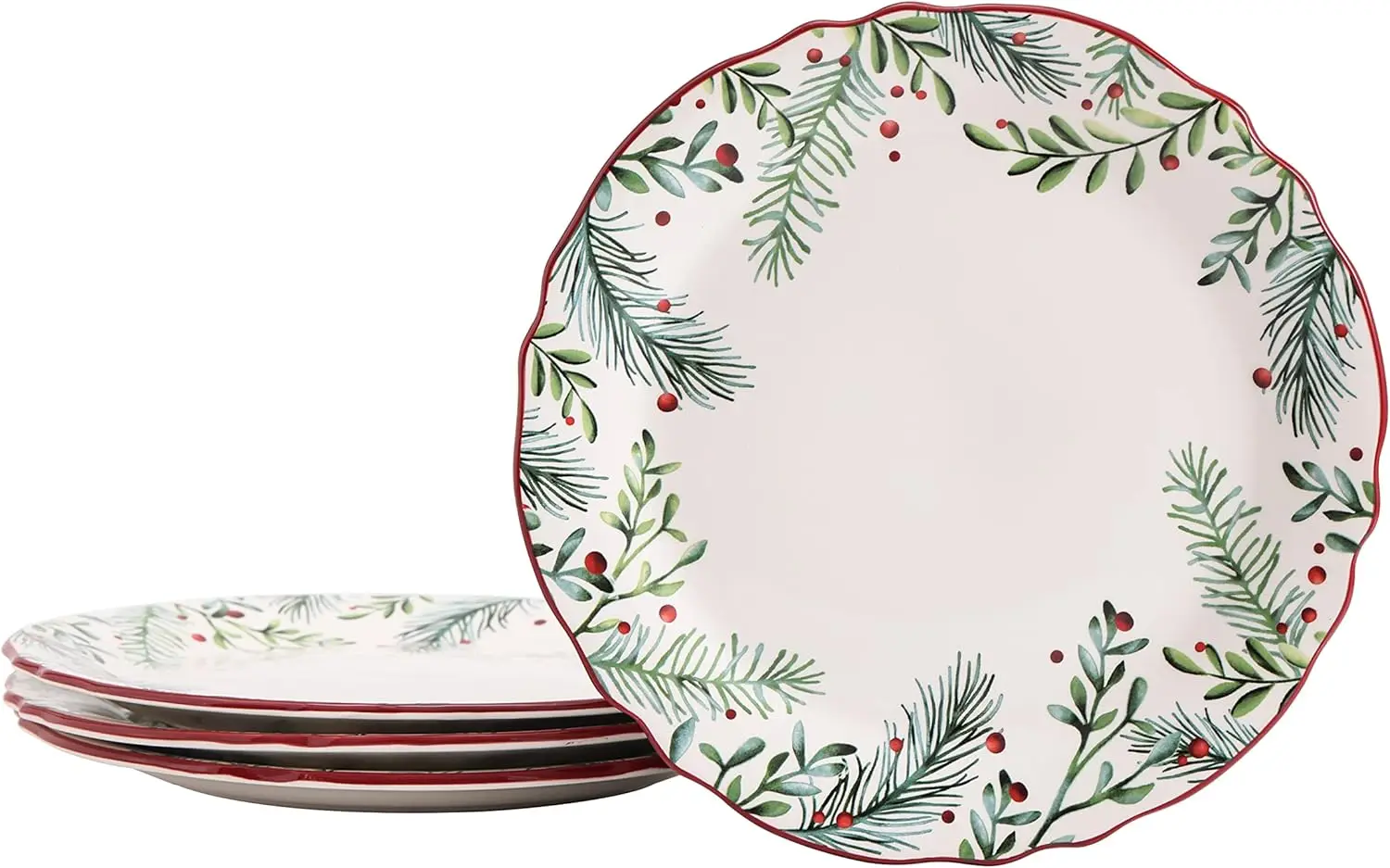 Santa On The Way Wreath Scalloped Dinner Plates Set of 4, 11 Inch Large Ceramic Plates for Pasta, Steak, Stylish Serving Dishes,