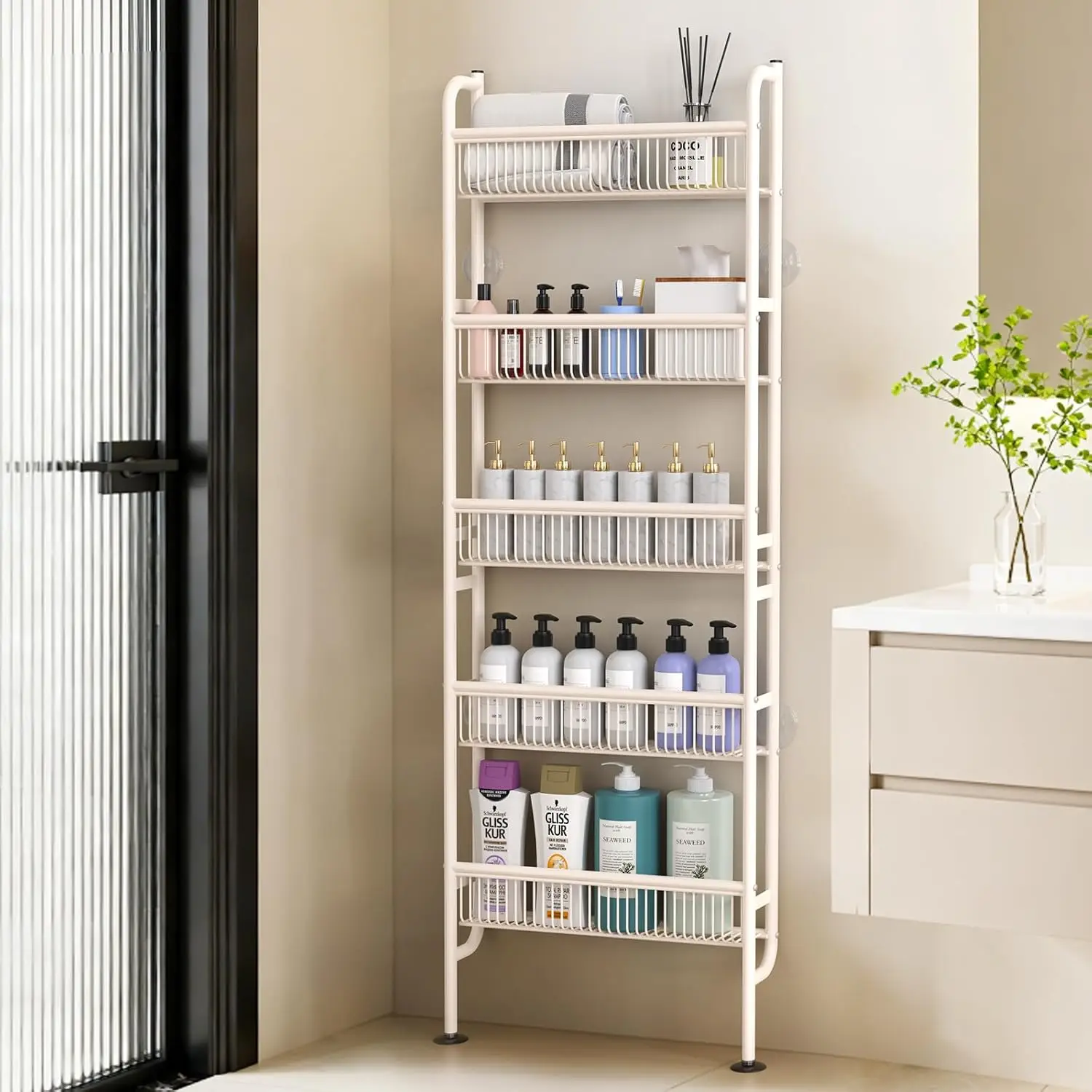

NECHEGE Slim Shelf Behind Door Storage Rack, 5-Tier Multi-Purpose Space-Saving Organizer for Bathroom, Kitchen, Living R