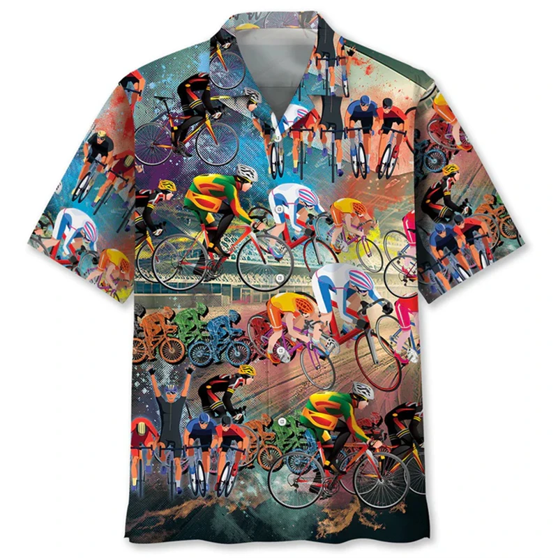 Streetwear Men Bicycle Graphic Shirts Short Sleeve Cycling Enthusiasts Shirts For Man Beach Hawaiian Shirts Oversized Hawaii Top
