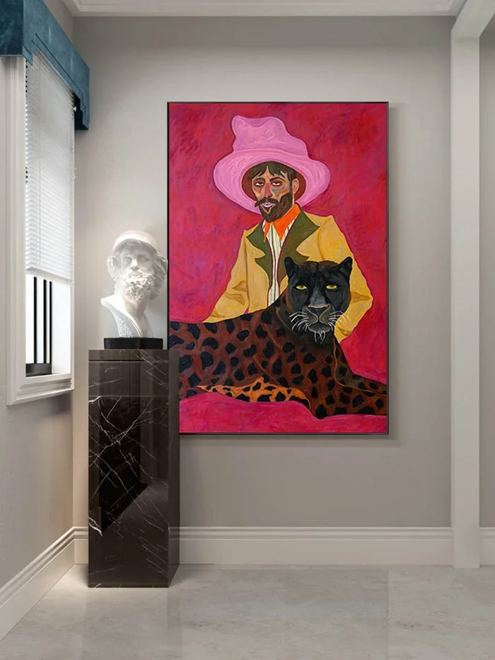 Panther Wall Art Print, Pink Hat Man Decor Painting, Yellow Coat Oil Posters, Bold Artworks for Living Room Bedroom Office