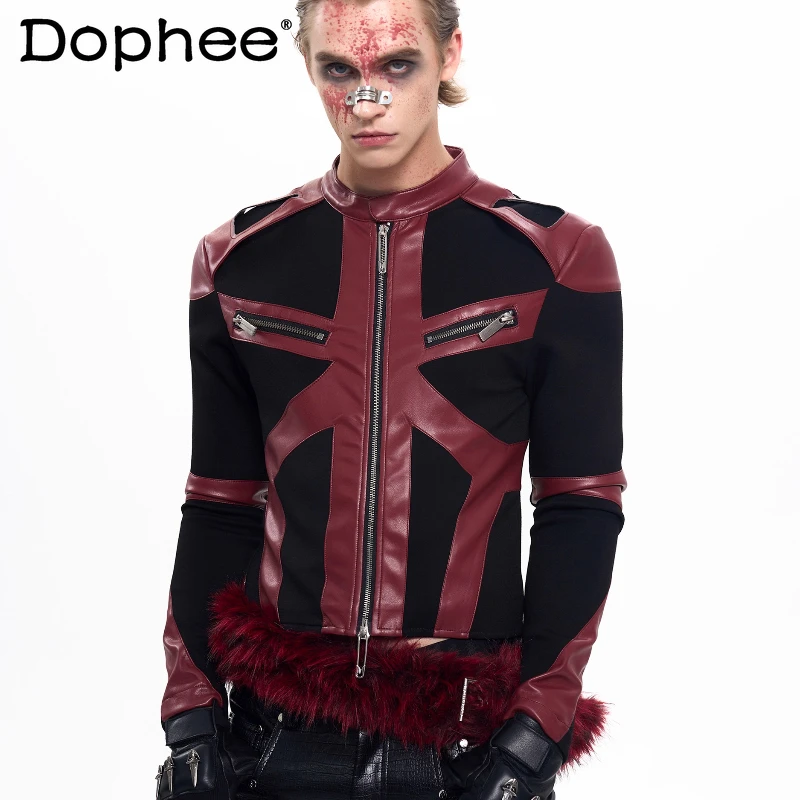

Men's 2025 Autumn New Stand Collar Jacket Multi Zipper Decoration Thin Slim Tops Short Style Color Matching Faux Leather Jackets