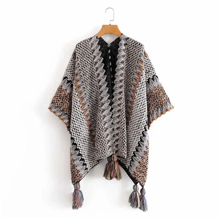 Poncho Knitted Cloak Knitted Cape Ethnic Style Capes Tassel Cardigan Sweater Color Loose Vintage Striped Women Travel Coat Pink