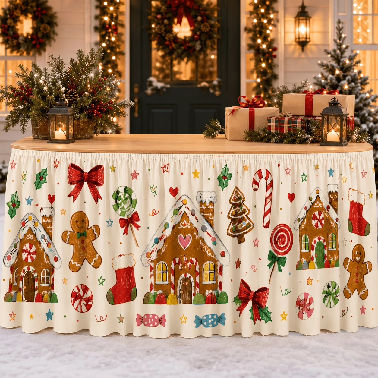 1 piece of tablecloth or table skirt. Children's hand-painted gingerbread Christmas table skirt. Gingerbread house.zyc