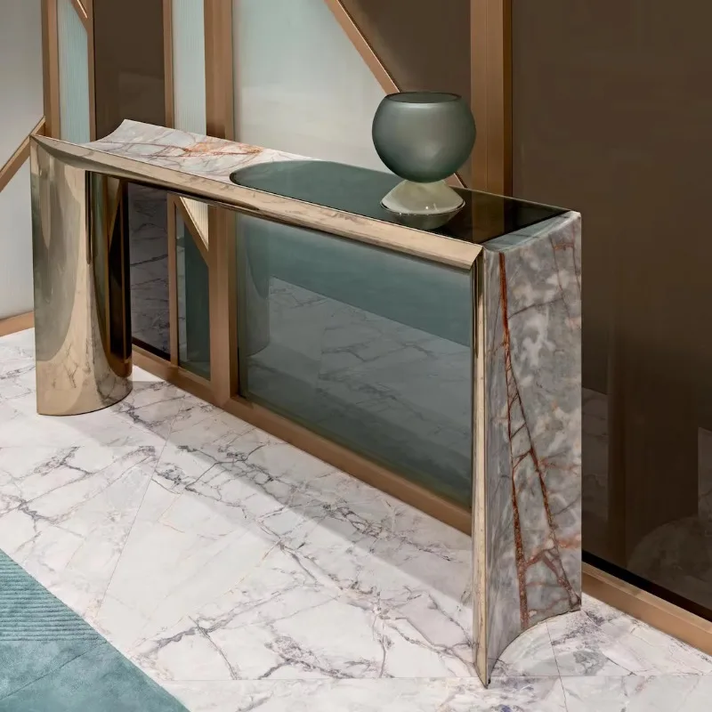 U-shaped building integrated marble countertop mirror polished stainless steel entrance villa corridor furniture entrance table