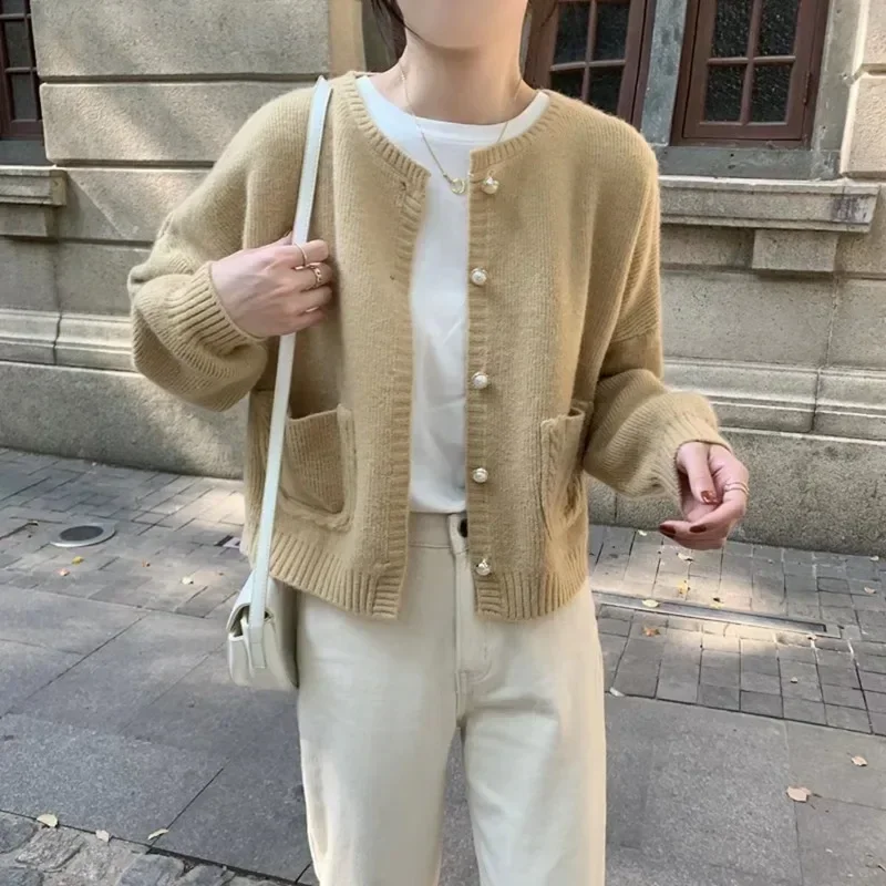 Korean Style Candy Color Cardigan Women Pocket Single-breasted Autumn Winter Knitwear V-neck Cardigan Cute And Sweet Jacket Y2k