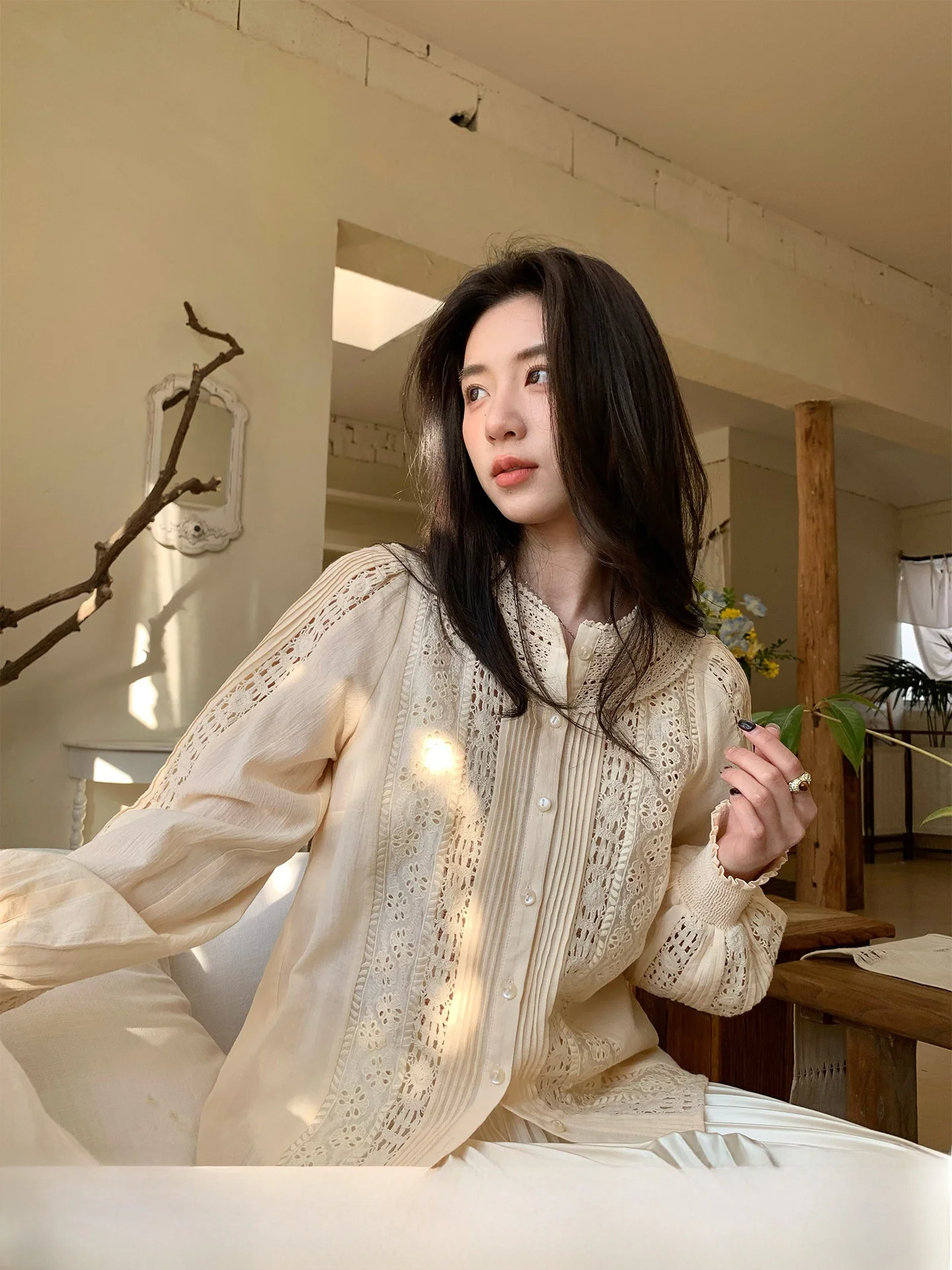 

INON Romantic Lace Trim irt Women's Heavyweight Cotton Hollow out oulder Detail Breathable Long Sve round Ne Cardigan