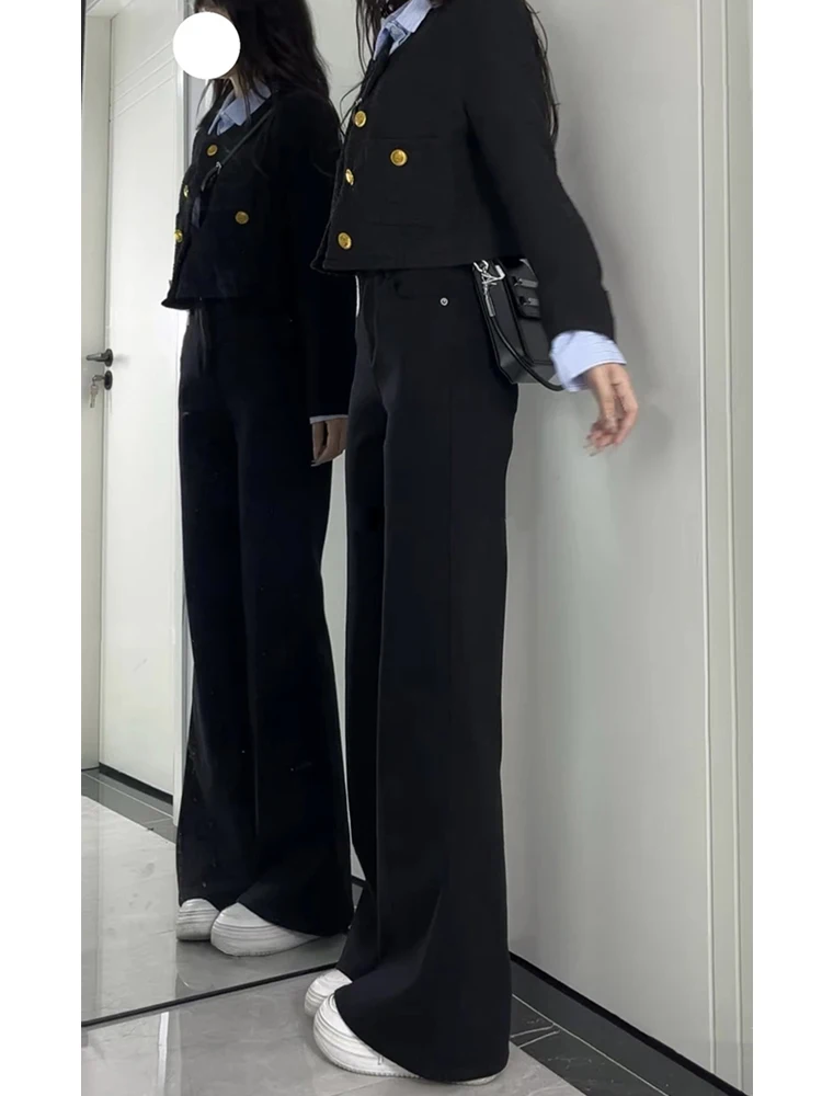 กางเกงยีนส์ทรงกระดิ่งเอวสูง ผู้หญิง ทรงหลวม ยืดหยุ่น ผ้าเดนิมสีดำ รุ่นใหม่สำหรับฤดูใบไม้ร่วง ไซส์ใหญ่ ขากว้าง