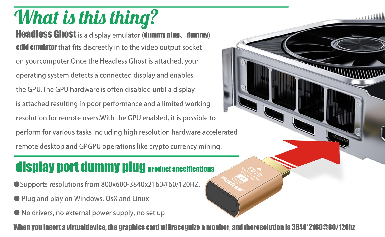 FUERAN HDMI 2.1 Dummy Plug 4K@120 هرتز محاكي العرض الافتراضي، محول مقطوعة الرأس، محول عرض HDMI، يدعم 3840x2160@120 هرتز، #6